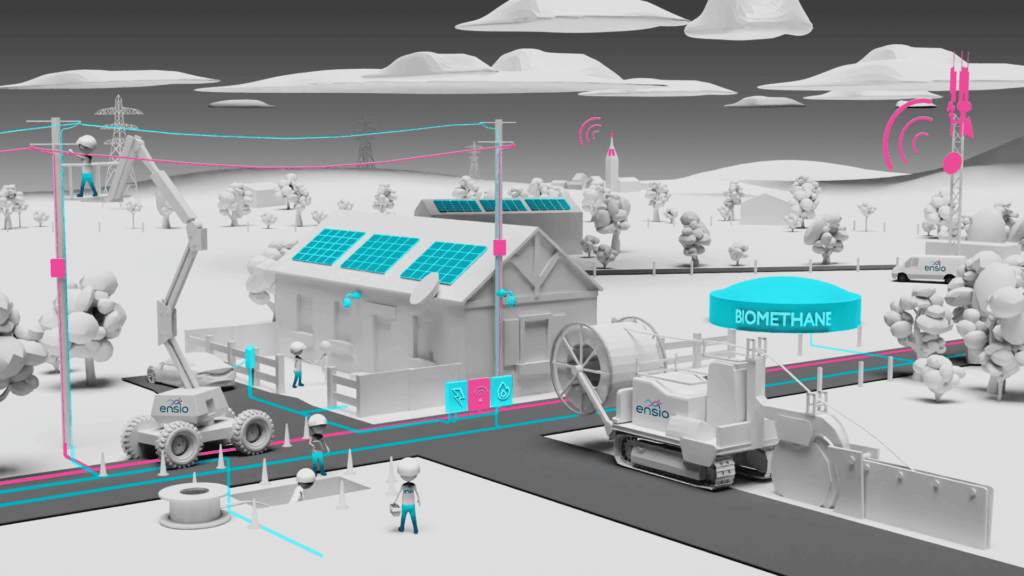 Illustration 3D des réseaux d'énergie et numériques en zone rurale : lignes électriques, panneaux solaires, réservoir de biométhane et antenne télécom, avec techniciens Ensio